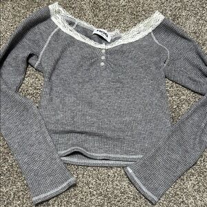 Lace Trim Grey Waffle Knit Long Sleeve Top